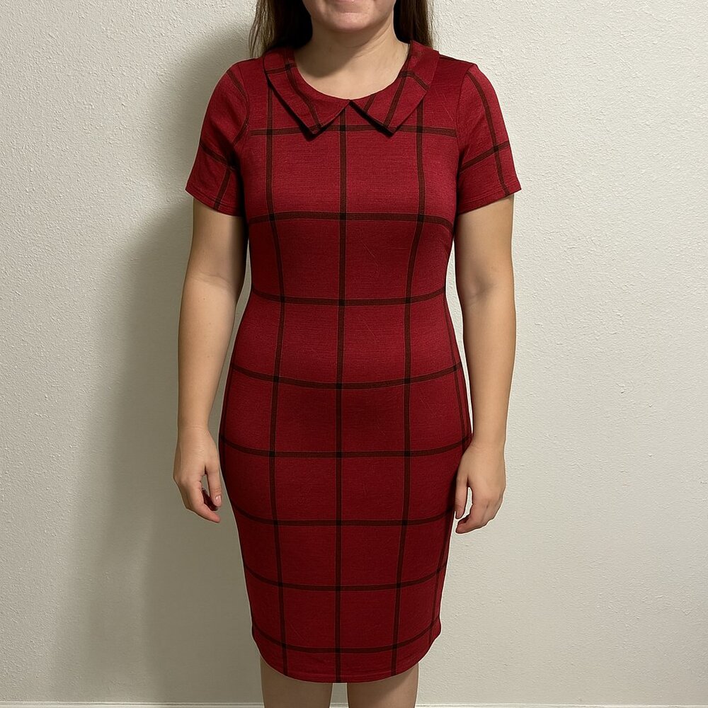 Piphany Women Small Red Black Plaid Peter Pan Collar Short Sleeve Sheath Dress